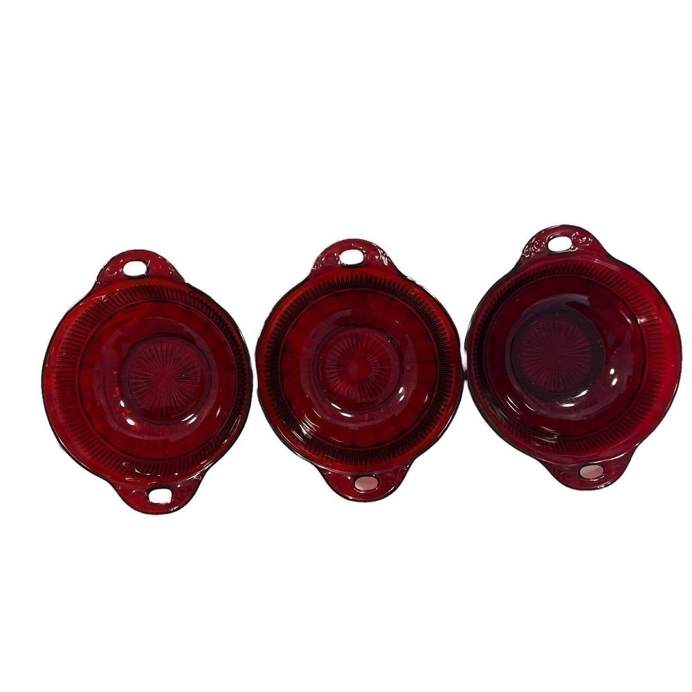 Vintage Anchor Hocking Coronation Ruby‎ Red Handled Berry Dessert Bowls set of 3 - Picture 2 of 6